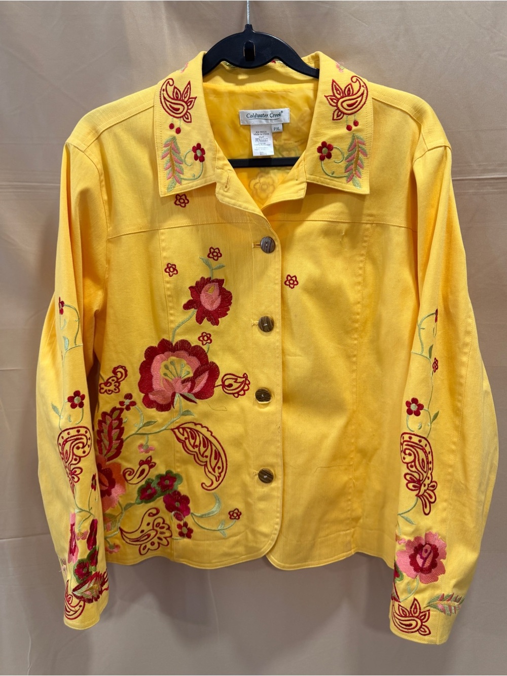 Coldwater Creek Petite XL Yellow Embroidered Floral Button Front Jacket Teacher